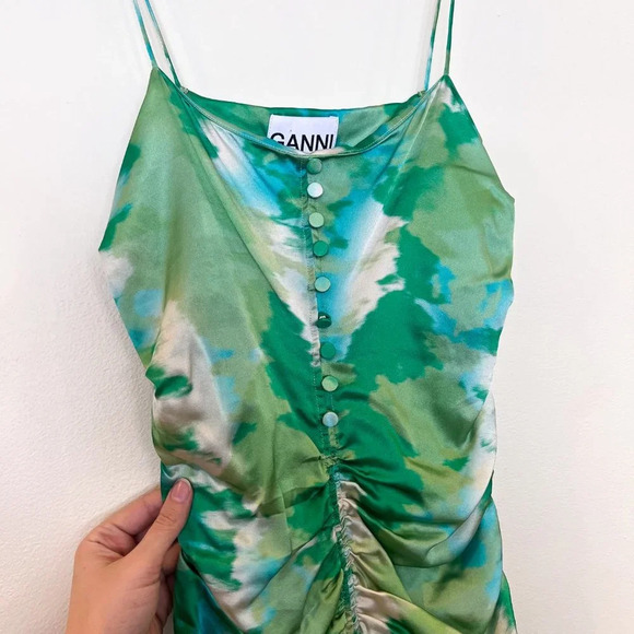 Ganni Silk Blend Green Watercolor Colorful Formal Satin Stretch Mini Dress 34/XS - Picture 6 of 11